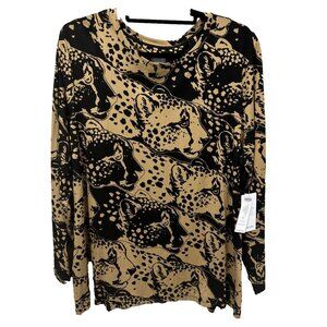 Chicos Women's Brown Black Cheetah Print Crew Neck Long Sleeve Stretch Sz 4